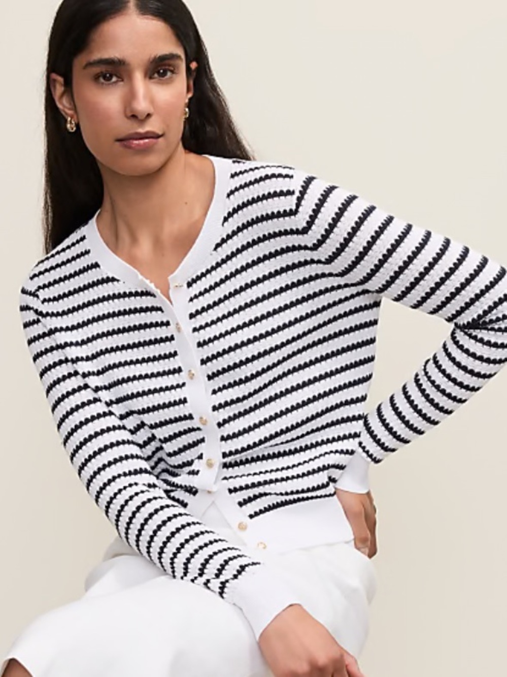 Ann Taylor Striped Black and White Button-Front Women's Cardigan Sweater XL
